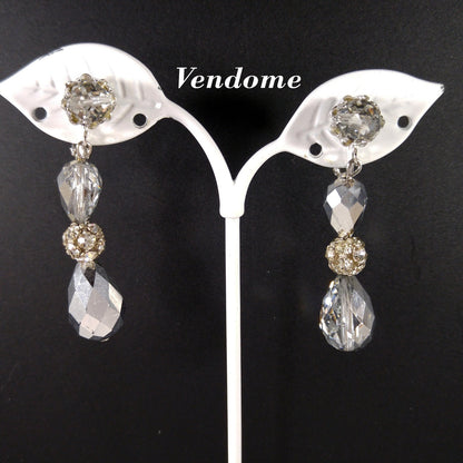 Vendome Silver Crystal Beaded Clip Earrings, Dangle Drop 2", 1960s Vintage Jewelry