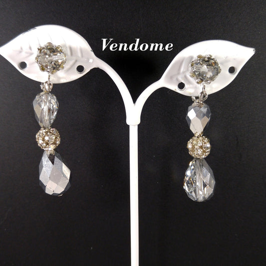 Vendome Silver Crystal Beaded Clip Earrings, Dangle Drop 2", 1960s Vintage Jewelry