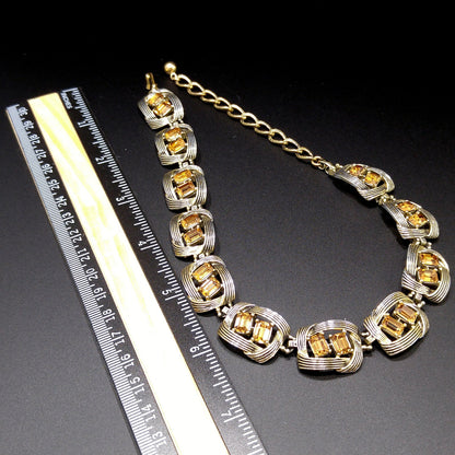 Kramer Topaz Rhinestone Choker Necklace, Gold Plated Black Enamel, 1950s Vintage Jewelry