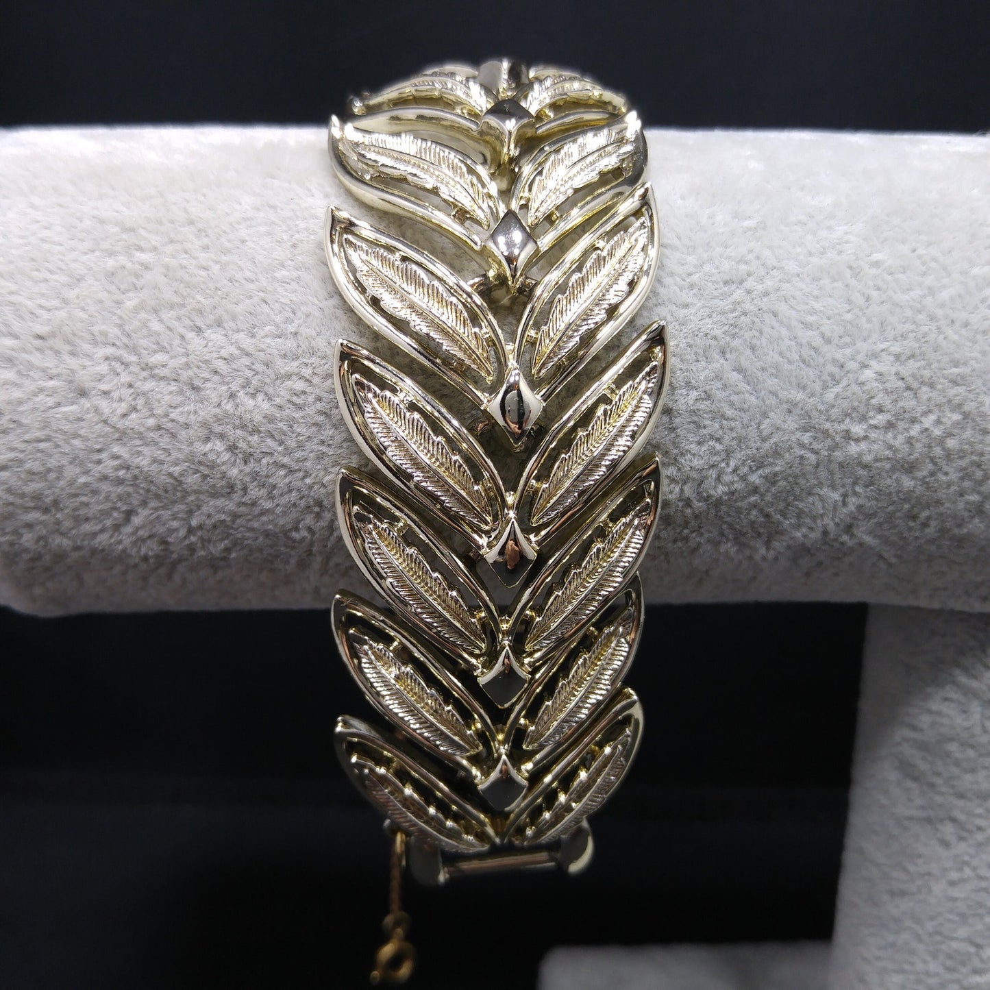 Coro Pegasus Leaves Wide Bracelet, Gold Plated, Safety Chain, 1950s Vintage Jewelry