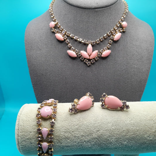 Vintage Pink Glass Rhinestone Jewelry Set: Choker Bracelet Screw-back Earrings, 1950s