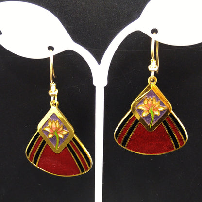 Vintage Laurel Burch "Water Lily" Earrings, Gold Plated, Red Enamel
