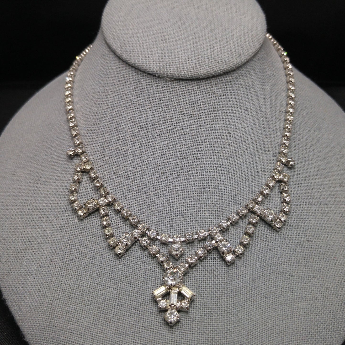 Vintage 1960s Clear Rhinestone Choker Necklace | Mid-Century Bridal Jewelry, Rhodium Plated, Baguette & Chaton Cuts