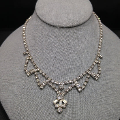 Vintage 1960s Clear Rhinestone Choker Necklace | Mid-Century Bridal Jewelry, Rhodium Plated, Baguette & Chaton Cuts