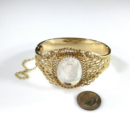 Whiting & Davis Cameo Intaglio Hinged Bracelet, Gold Plated, 1960s Vintage Jewelry