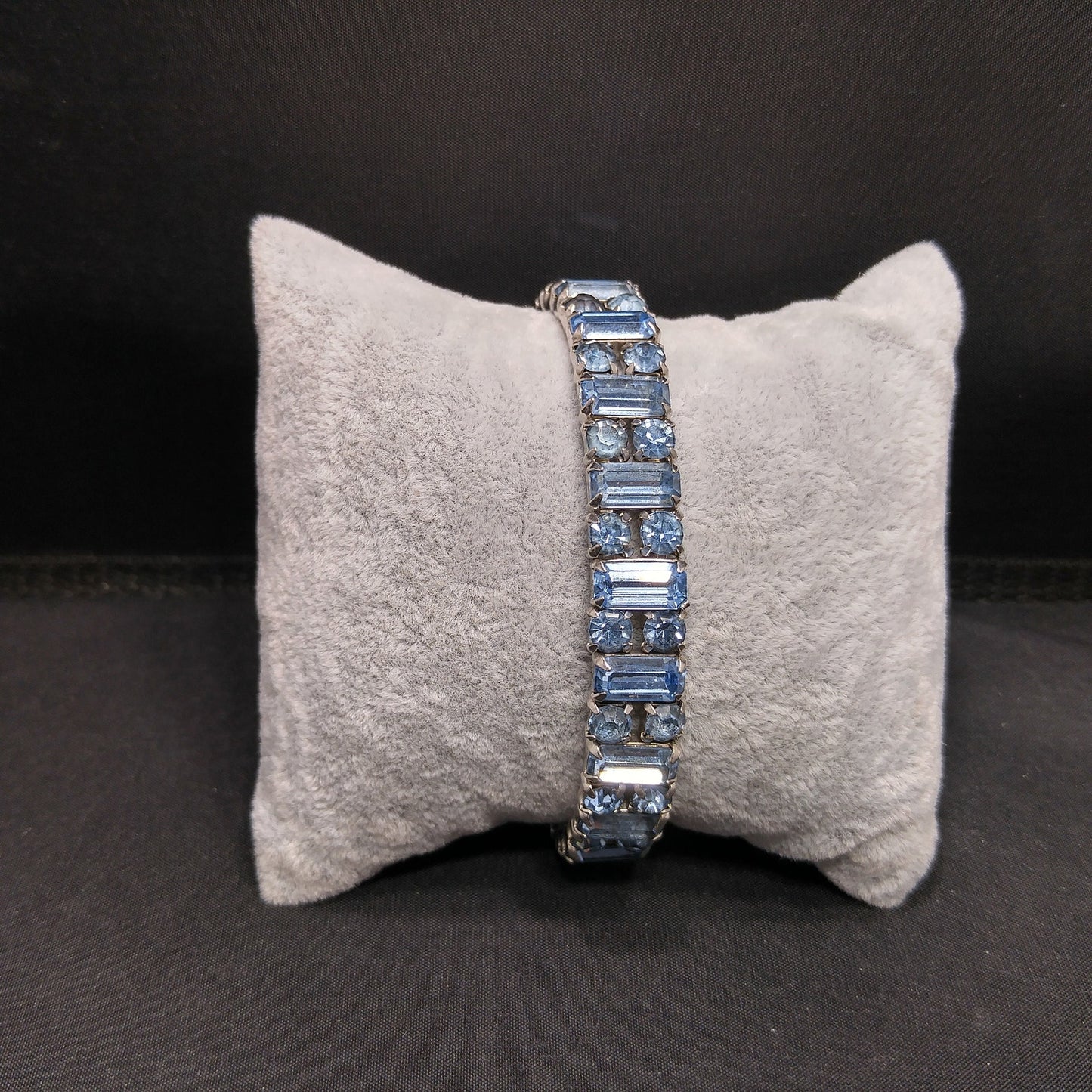 Weiss Baby Blue Rhinestone Cuff Bracelet – 1960s Baguette & Chaton Cut Rhodium Plated