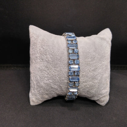 Weiss Baby Blue Rhinestone Cuff Bracelet – 1960s Baguette & Chaton Cut Rhodium Plated