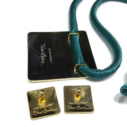 Laurel Burch "Moon Doves" Pendant Necklace & Earrings, Gold Plated, Cloisonné Enamel, 1980s Vintage Jewelry