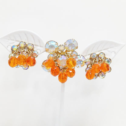 Small Aurora Borealis Brooch & Matching Earrings, Tangerine Orange Dangles, 1950
