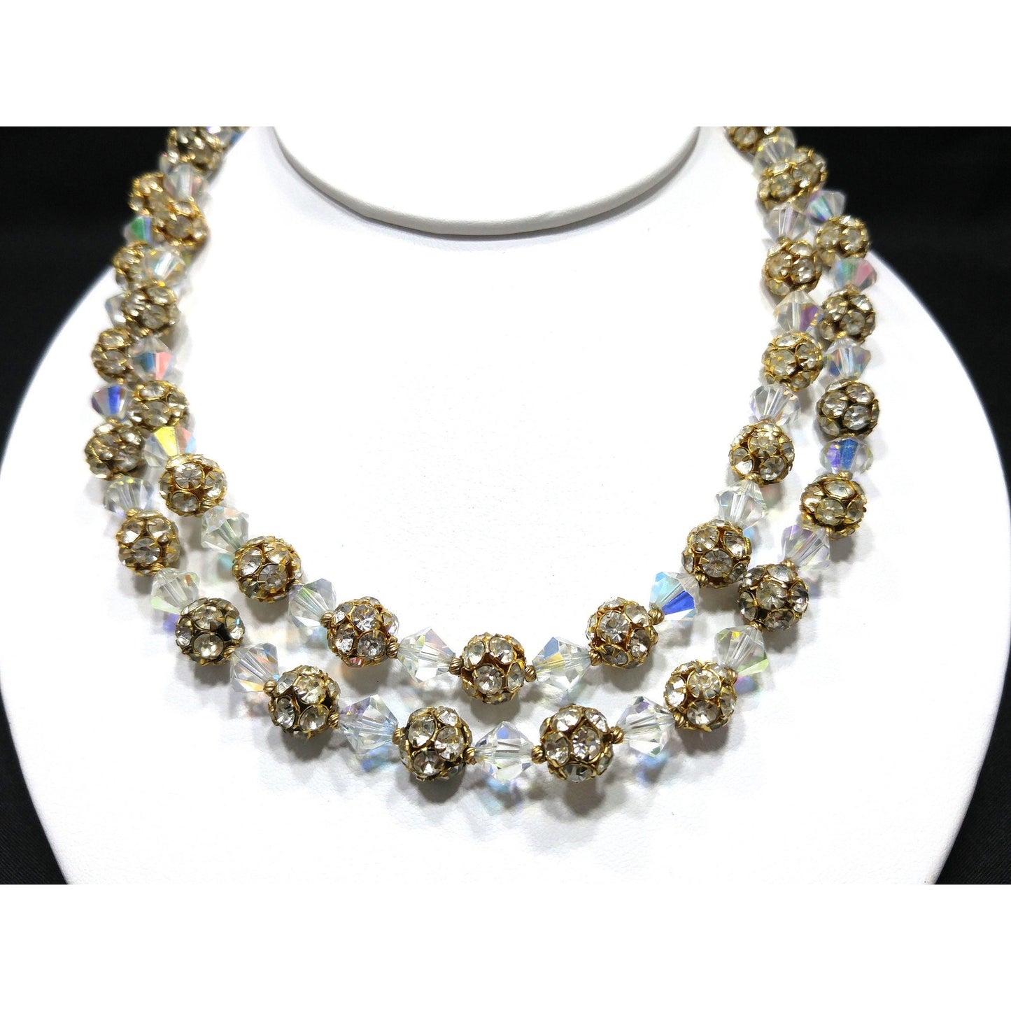 Crystal & Rhinestone Bead Two Strand Necklace, Gold Plated Rhinestone Clasp, 1960s Vintage Jewelry