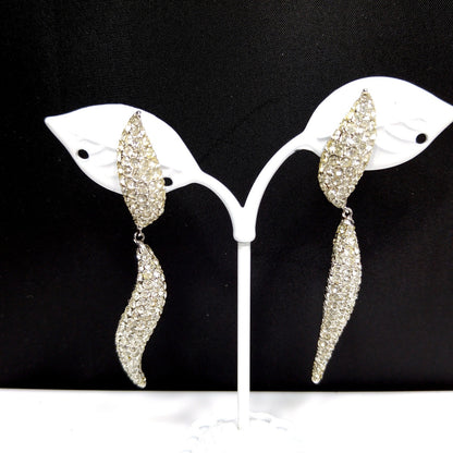 Vintage CINER Modernist Pave Clear Rhinestone Dangle Clip on Earrings, Rhodium Plated