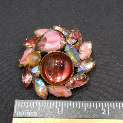 Mid-Century Pink Art Glass Domed Brooch, Czech Glass, Gold Plated, 1950s Vintage Jewelry