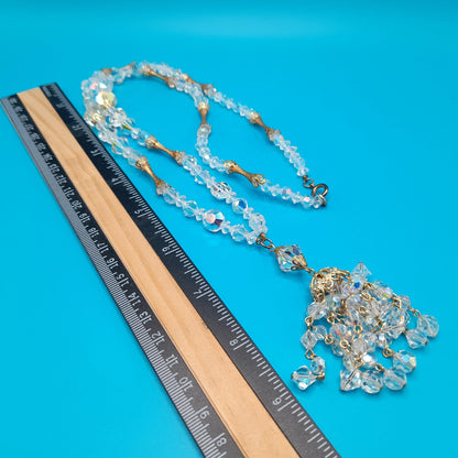 Clear Aurora Borealis Tassel Necklace, Bicone Round Aspirin Crystal Beads, 1960s Vintage Jewelry