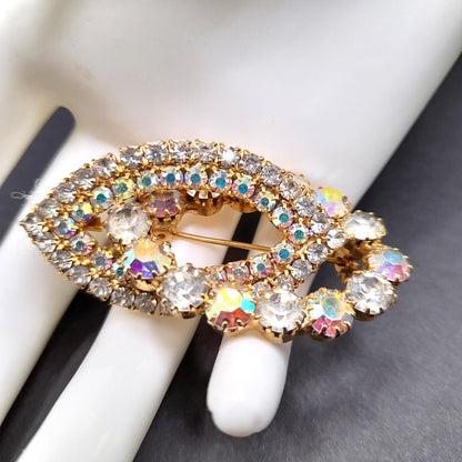 Mid-Century Aurora Borealis Pendant Brooch, Gold Plated, Prong Set Stones, 1960s Vintage Jewelry