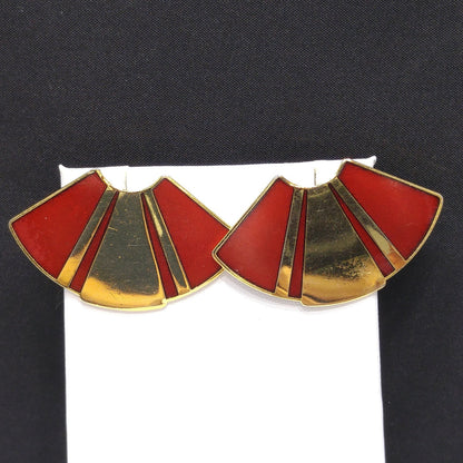 Laurel Burch Red Fan Post Earrings, Gold Plated, Red Metallic Enamel, 1980s