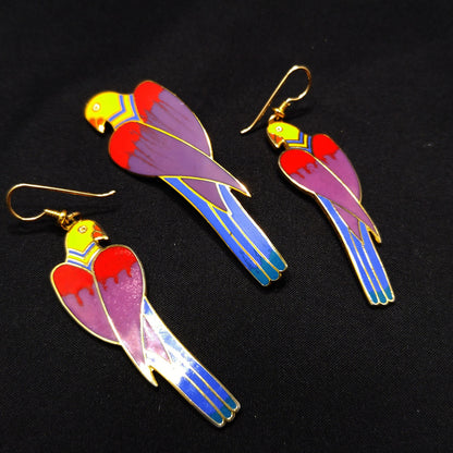 Laurel Burch Cezanne Parrot Earrings & Brooch Set, 22 KG Plated Cloisonne Enamel, 1980s