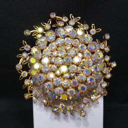 Large Clear Aurora Borealis Brooch, Gold Plated, 1950s Vintage Jewelry