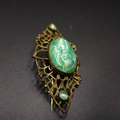 Czech Marbled Glass Scarab Brooch, Egyptian Revival, 1930s Vintage Jewelry