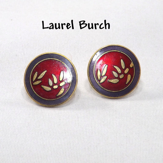 Laurel Burch Bamboo Red Post Earrings, Cloisonné Gold Plated, 1980s Vintage