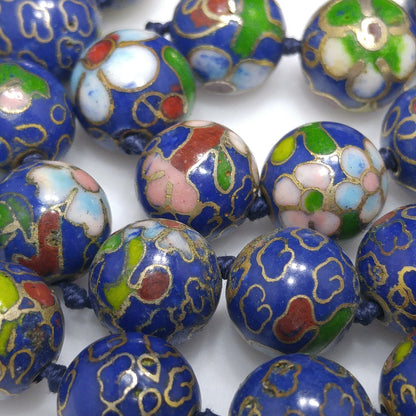 Cloisonne Blue Beaded Necklace, Floral Hand Painted Beads, 1960s Vintage Jewelry