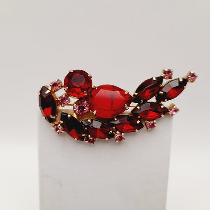 Vintage Red Pink Rhinestones Floral Spray Gold Plated Brooch Pin, 2 1/2 Inches