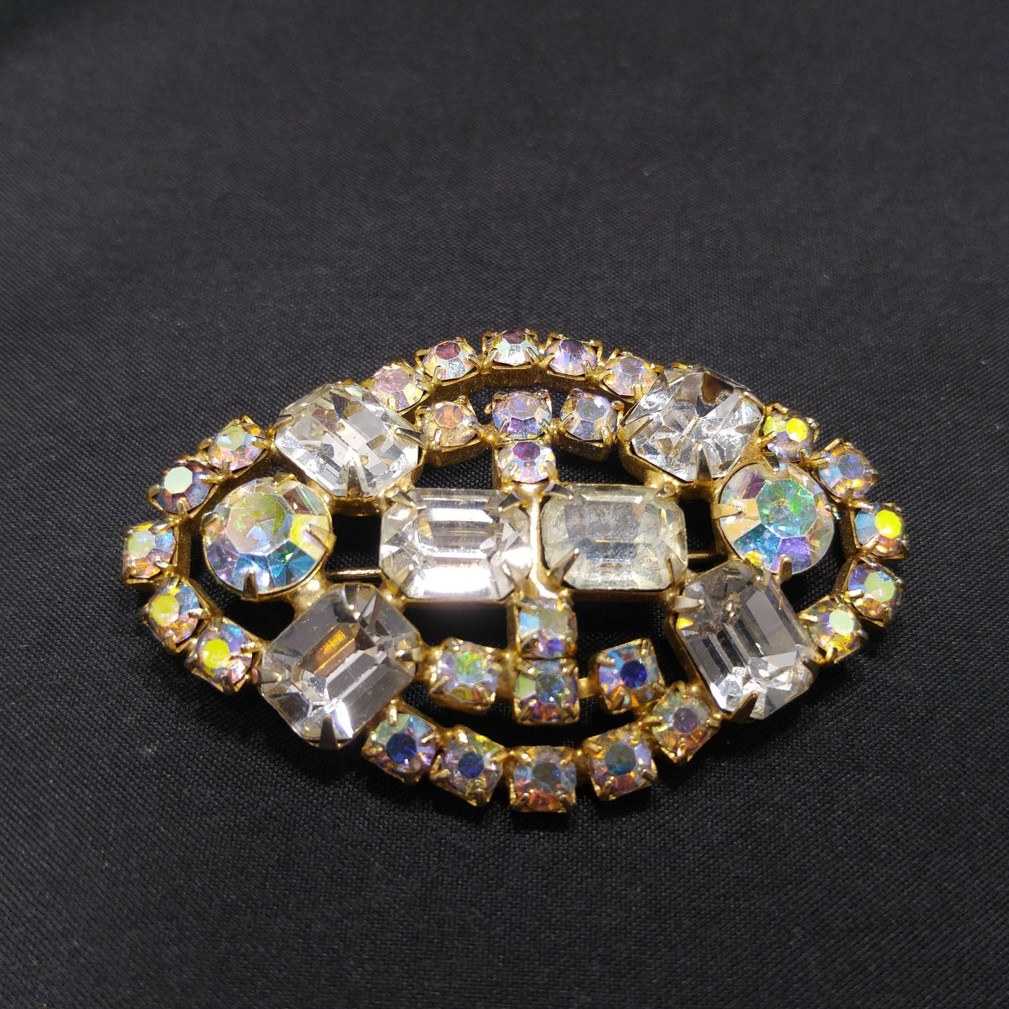 Clear Aurora Borealis Brooch, Gold Plated, 1960s Vintage Jewelry