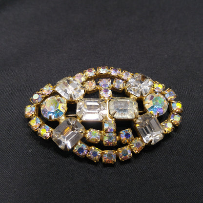 Clear Aurora Borealis Brooch, Gold Plated, 1960s Vintage Jewelry