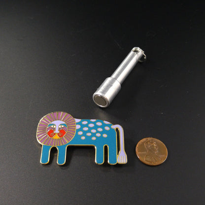 Laurel Burch "Leonardo" Brooch, Blue Enamel Gold Plated Lion, 1980s Vintage