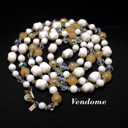 Vendome Long Beaded Crystal & Glass Necklace, Aurora Borealis, Gold Plated, 1960s Vintage Jewelry