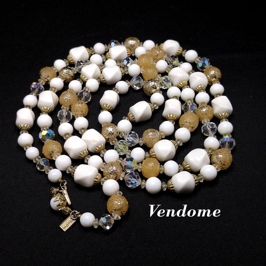 Vendome Long Beaded Crystal & Glass Necklace, Aurora Borealis, Gold Plated, 1960s Vintage Jewelry