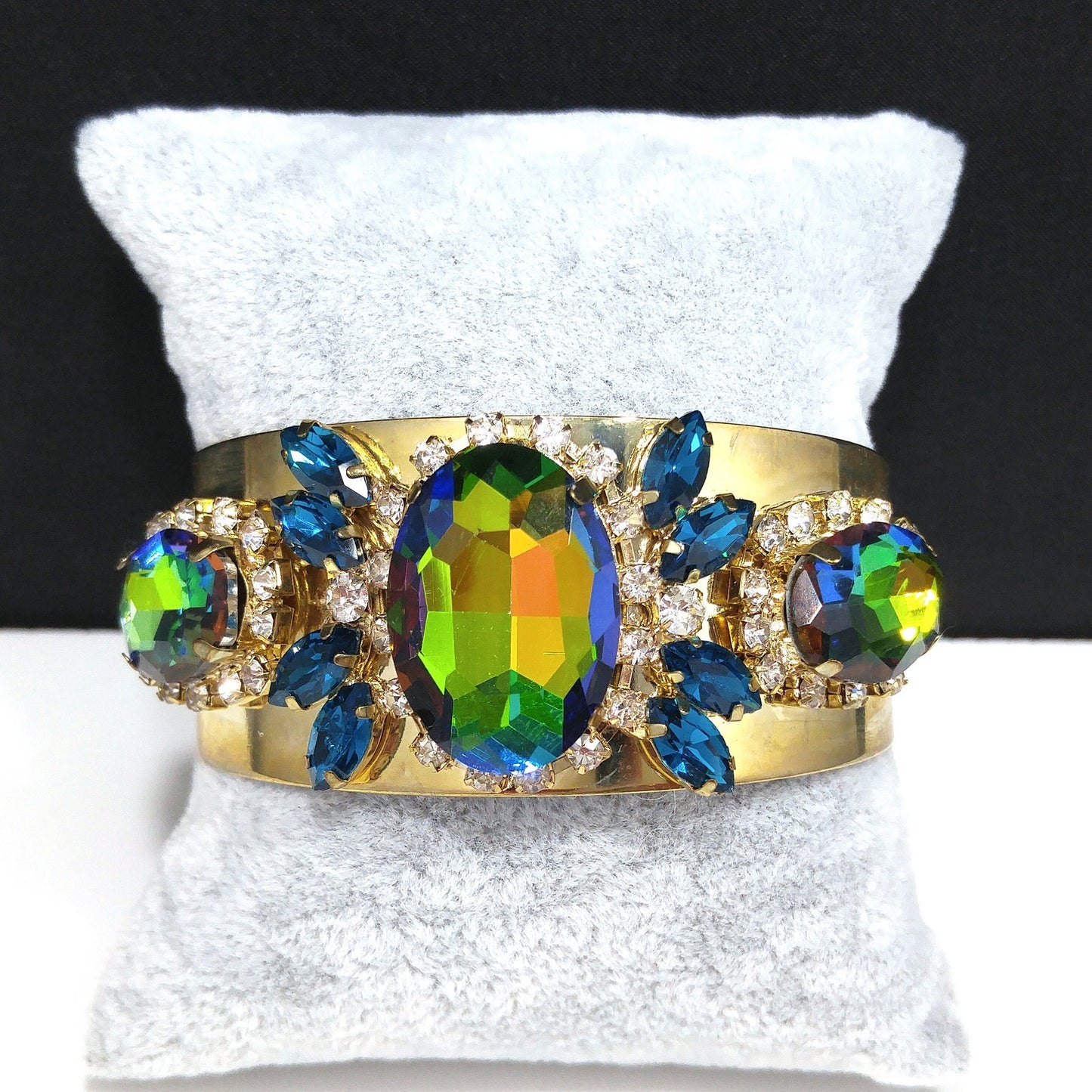 Brass Cuff Bracelet, Watermelon Crystal Rhinestones, Golden Brass, Clear & Sapphire Blue Rhinestones, Vintage Jewelry