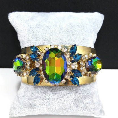Brass Cuff Bracelet, Watermelon Crystal Rhinestones, Golden Brass, Clear & Sapphire Blue Rhinestones, Vintage Jewelry