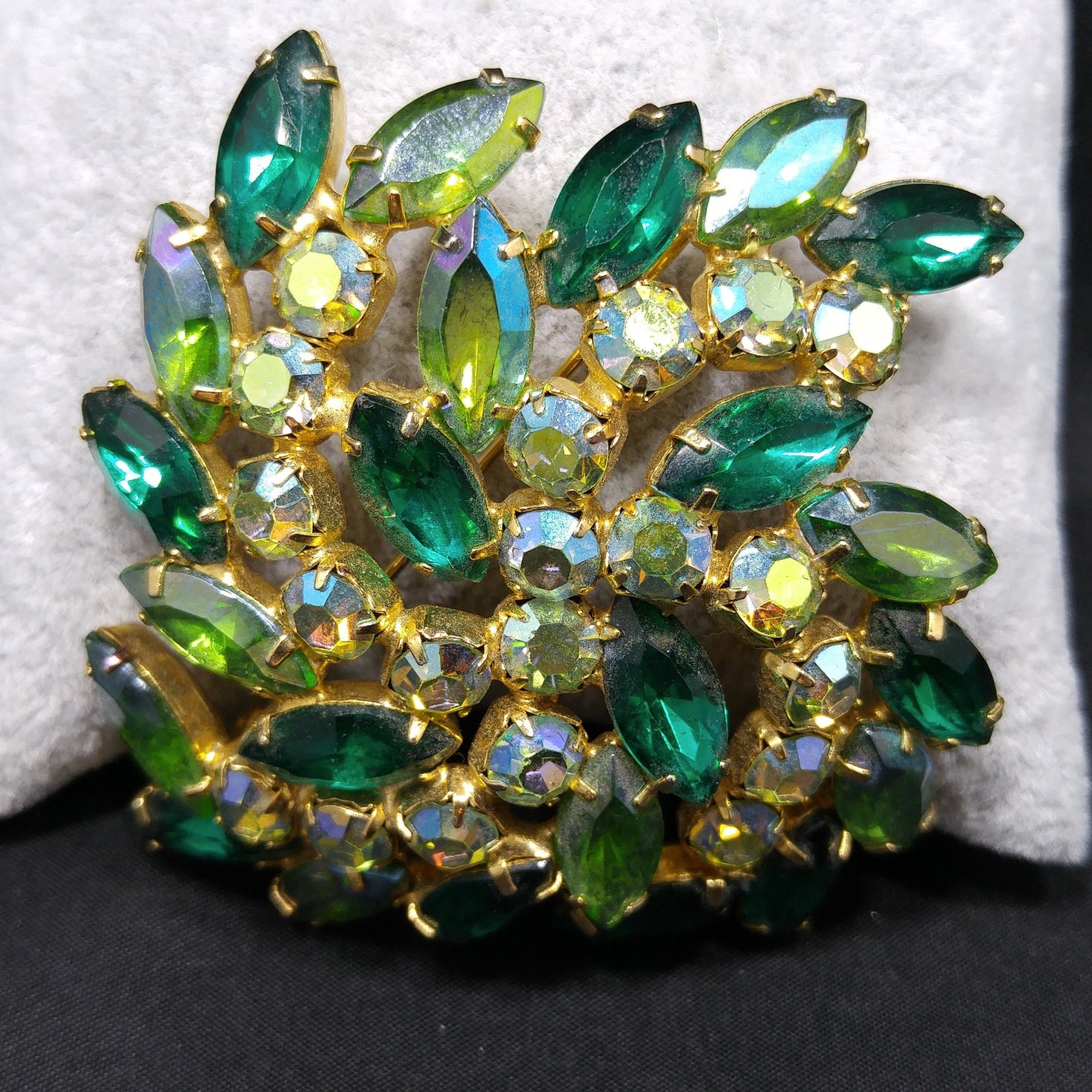 Green Aurora Borealis Rhinestone Brooch, Gold Plated, 1960s Vintage Jewelry