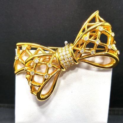 Swarovski Gold Bow Brooch, Clear Rhinestones, Vintage 1980s Jewelry