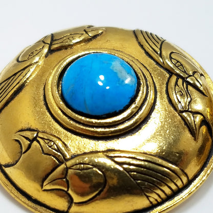 Laurel Burch Turquoise & Gold Bird Earrings, Gemstone, Gold Plated, 1980s