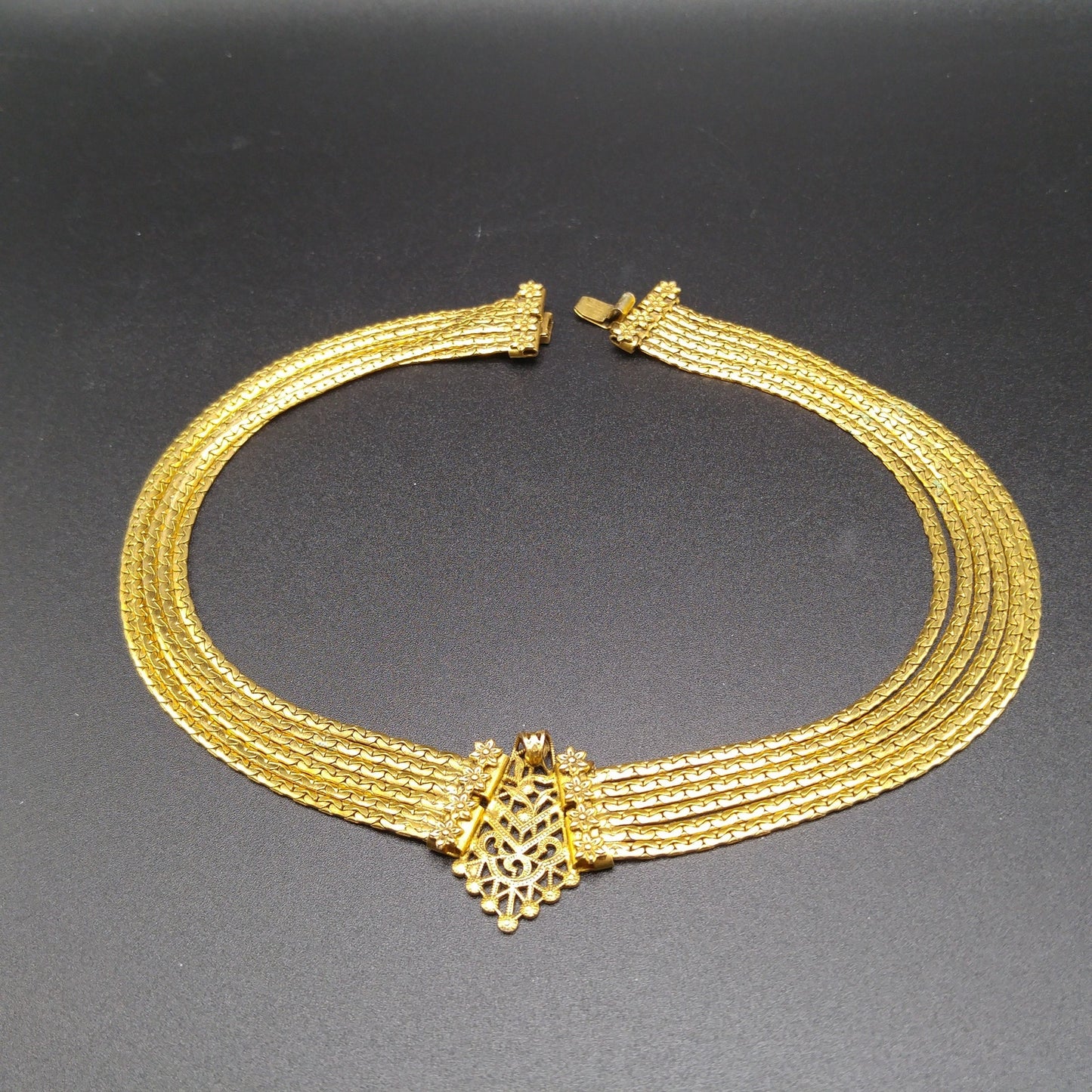 Freirich Victorian Choker Necklace, Gold Plated, Six Strands, 1960s Vintage Jewelry