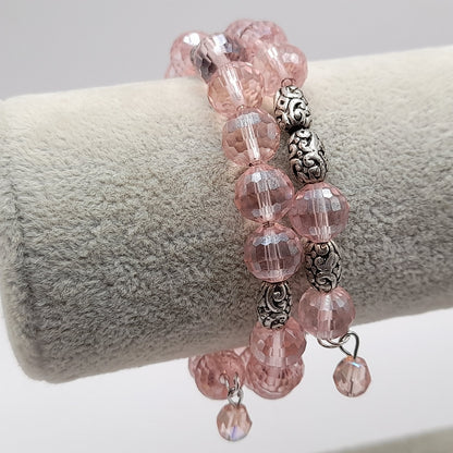 Vintage Pink Crystal Beaded Memory Wire Bracelet or Choker Necklace – 15 Inch Convertible Jewelry