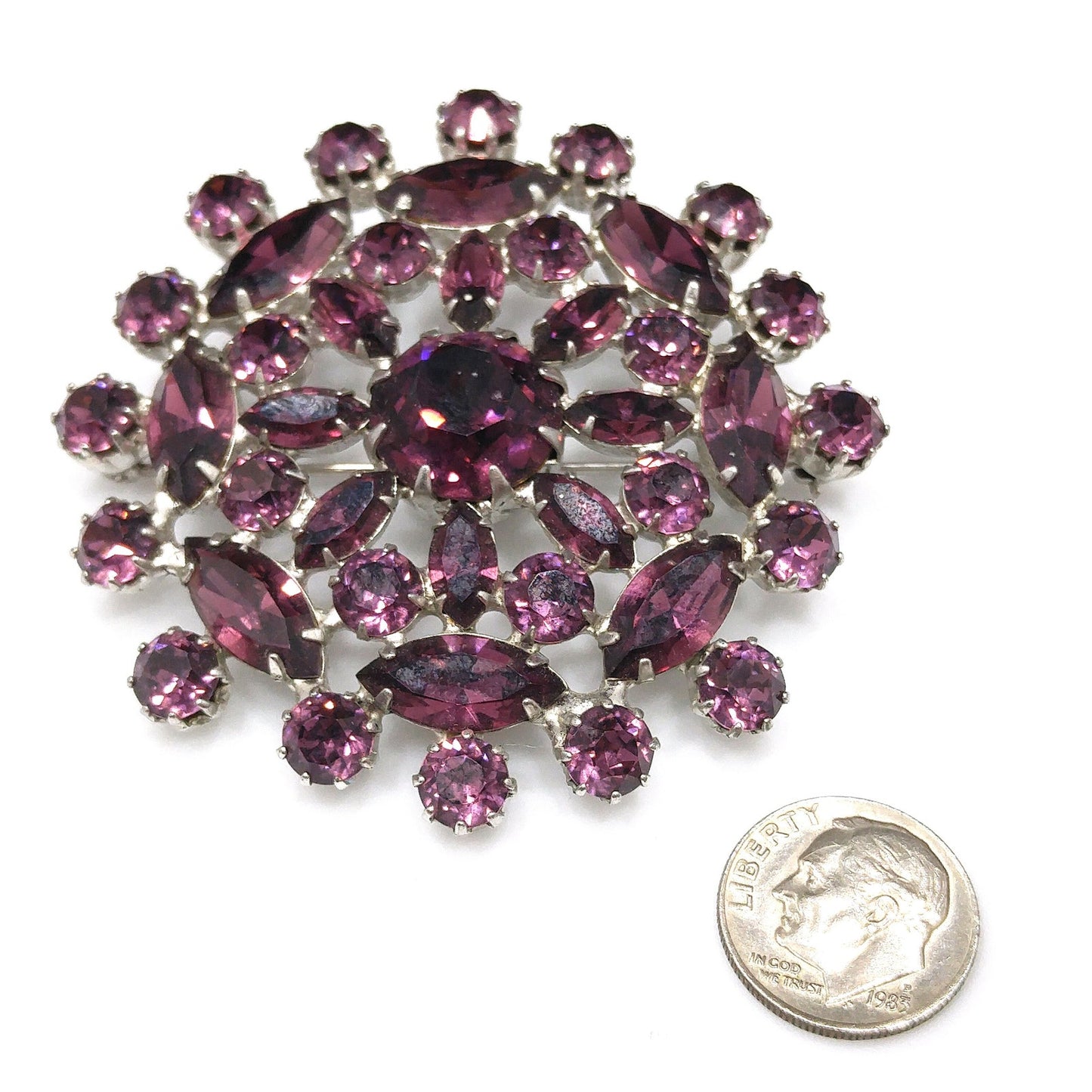 Purple Snowflake Flower Rhinestone Brooch, Rhodium Plated, 1960s Vintage Jewelry
