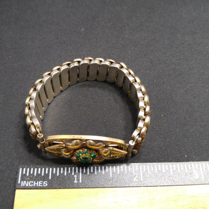 Antique Lustern Expansion Bracelet, 12KGF Sterling, Green Rhinestones, 1920s Vintage Jewelry