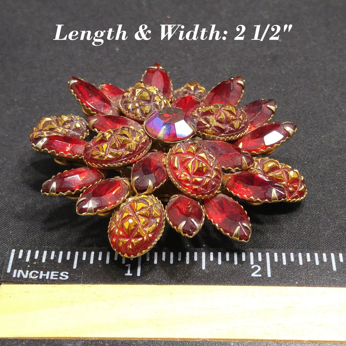 Judy Lee Red Rhinestone Brooch, Red Gold Molded Glass Petals, 1960s Vintage Jewelry