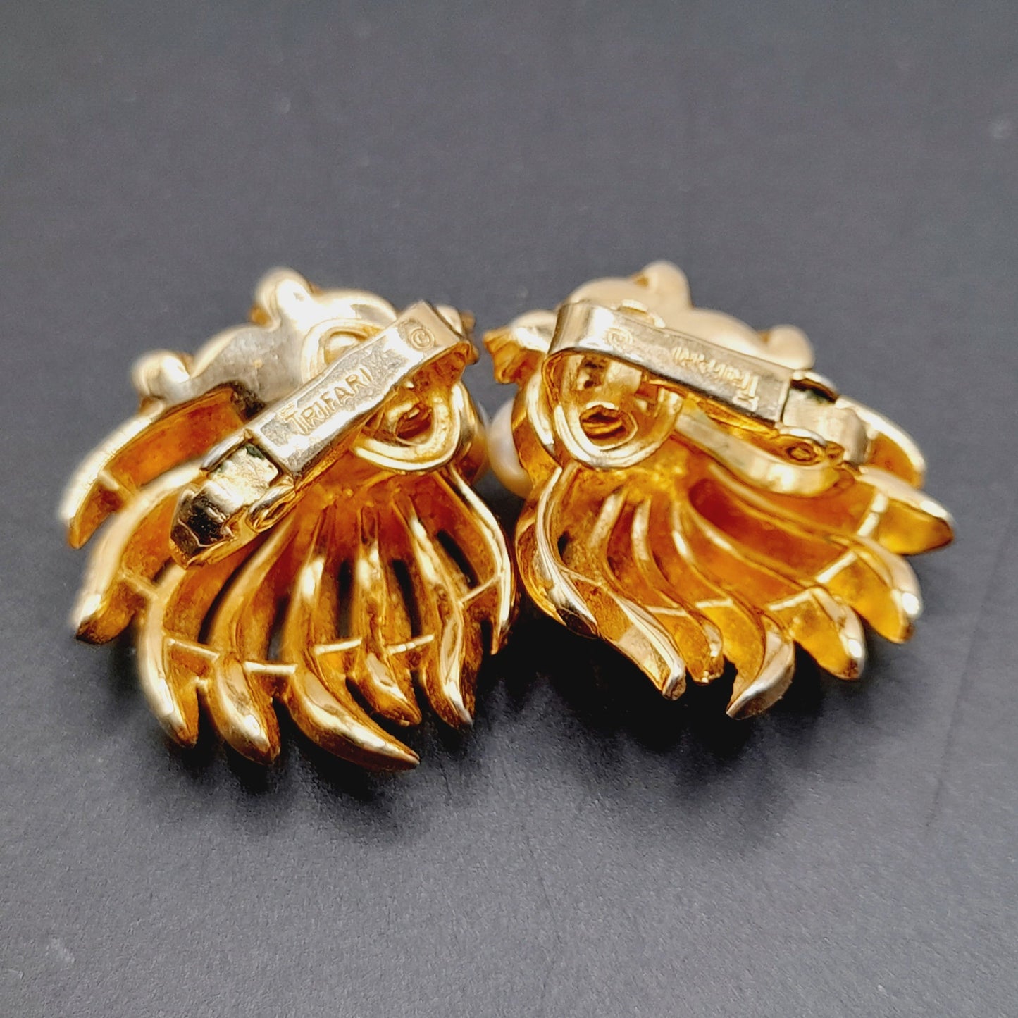 Vintage Crown Trifari Clip Earrings | Faux Pearl & Rhinestone Gold Tone - Mid-Century