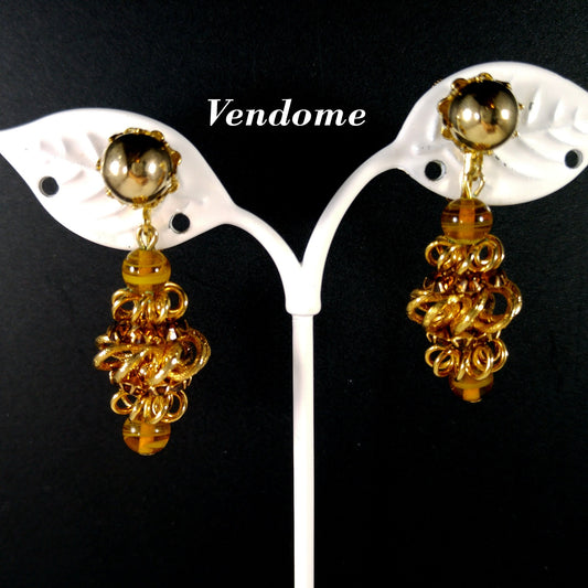 Vendome Topaz Rhinestone Drop Clip Earrings, Gold Plated, 1960s Vintage Jewelry