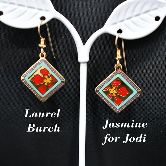Vintage Laurel Burch "Jasmine For Jodi" Earrings, Red Flower Gold Plated