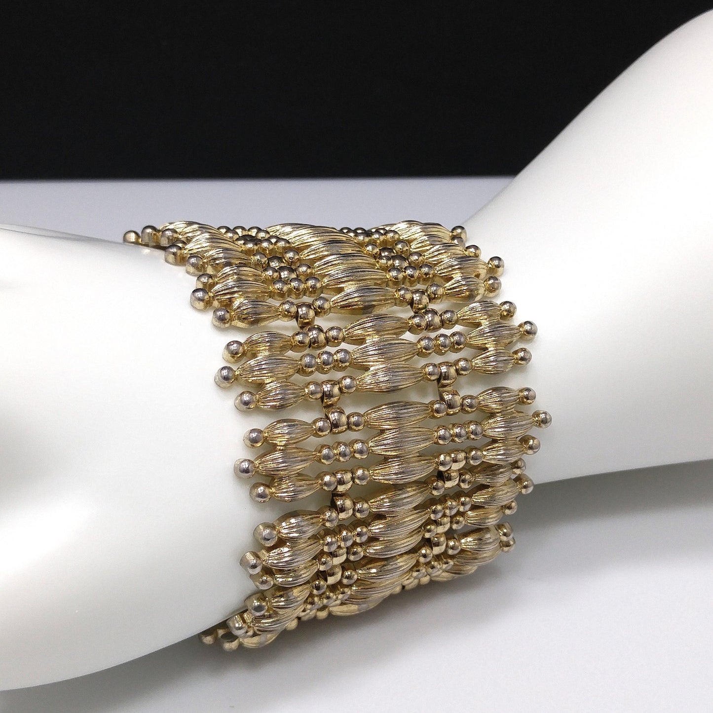 Vintage Monet "Minaret" Mid-Century Bracelet, Gold Plated, Book Piece, 1950s Jewelry