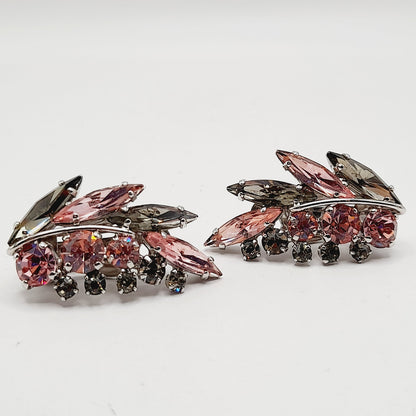 Vintage Sherman Pink Silver Floral Spray Rhodium Plated Clip Earrings