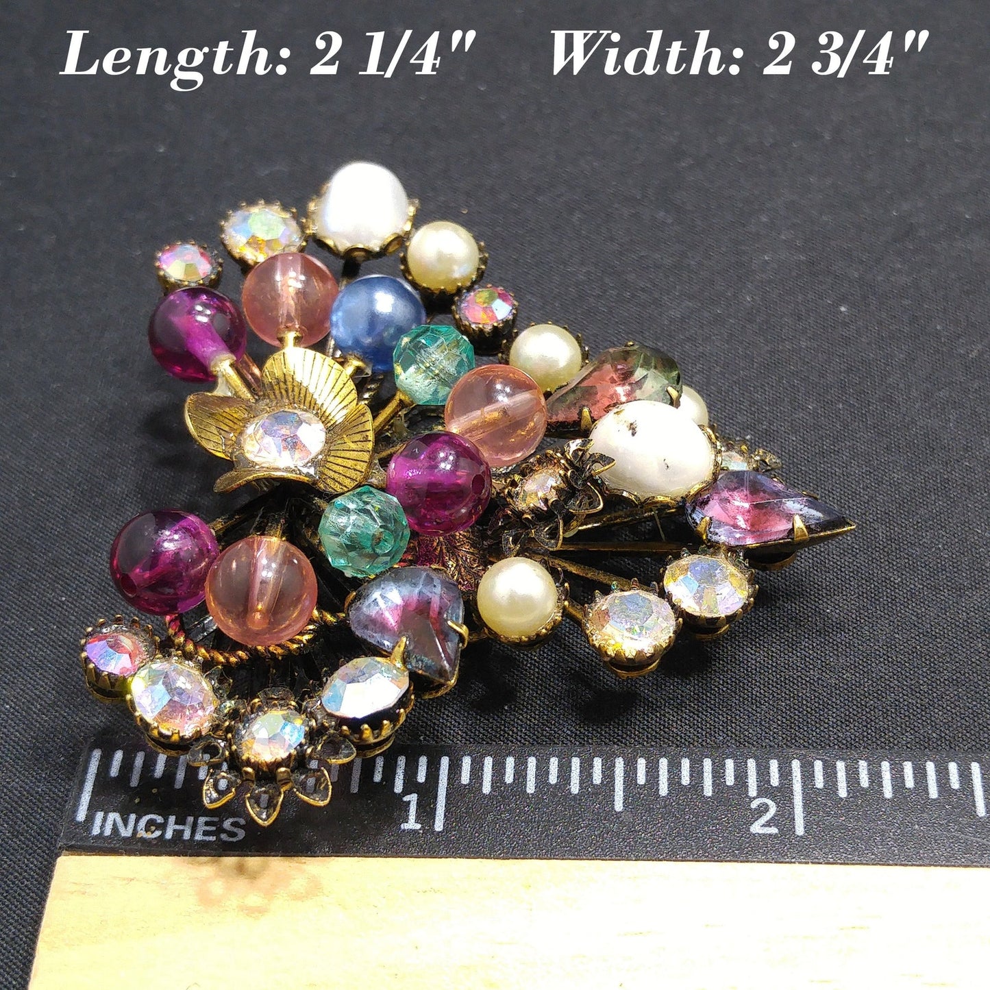 Mid-century Floral Beaded Riveted Brooch, Rhinestones Beads Prongs, 1950s Vintage Jewelry