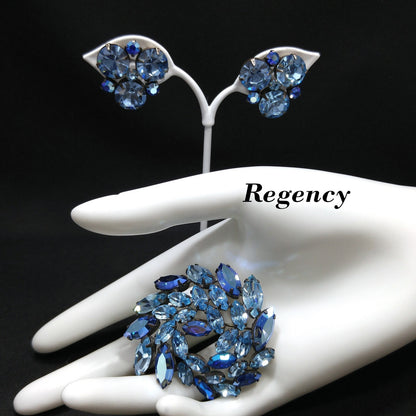 Regency Blue Rhinestone Brooch Earrings Set, 1950s Vintage Jewelry