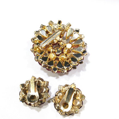Red Rhinestone Aurora Borealis Brooch Earrings Set, Gold Plated, 1960s Vintage Jewelry