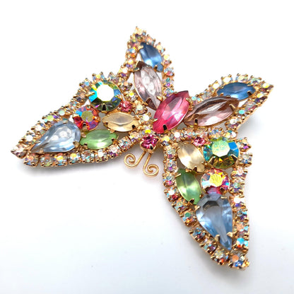 Vintage Weiss Butterfly Brooch, Pastel Rhinestones, Gold Plated, 1960s Jewelry