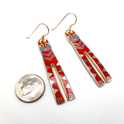 Laurel Burch Red Nubian Cat Earrings, Gold Plated, Tall Red Enamel Cats, 1980s Vintage Jewelry